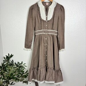 Vintage CANDI JONES Brown Gingham Prairie Checkered Midi Dress Size S